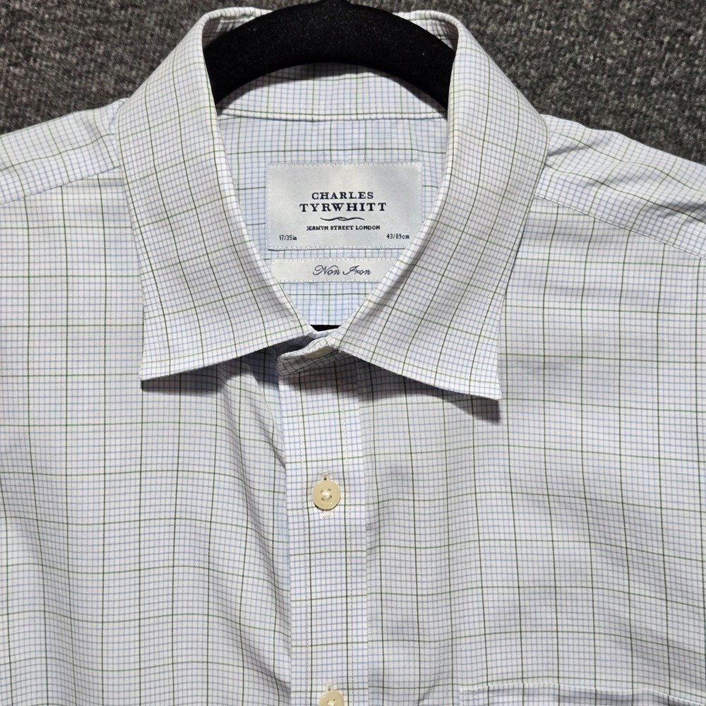 Charles Tyrwhitt Non Iron 17 / 35 Dress Shirt Check Plaid Blue Green Button Up